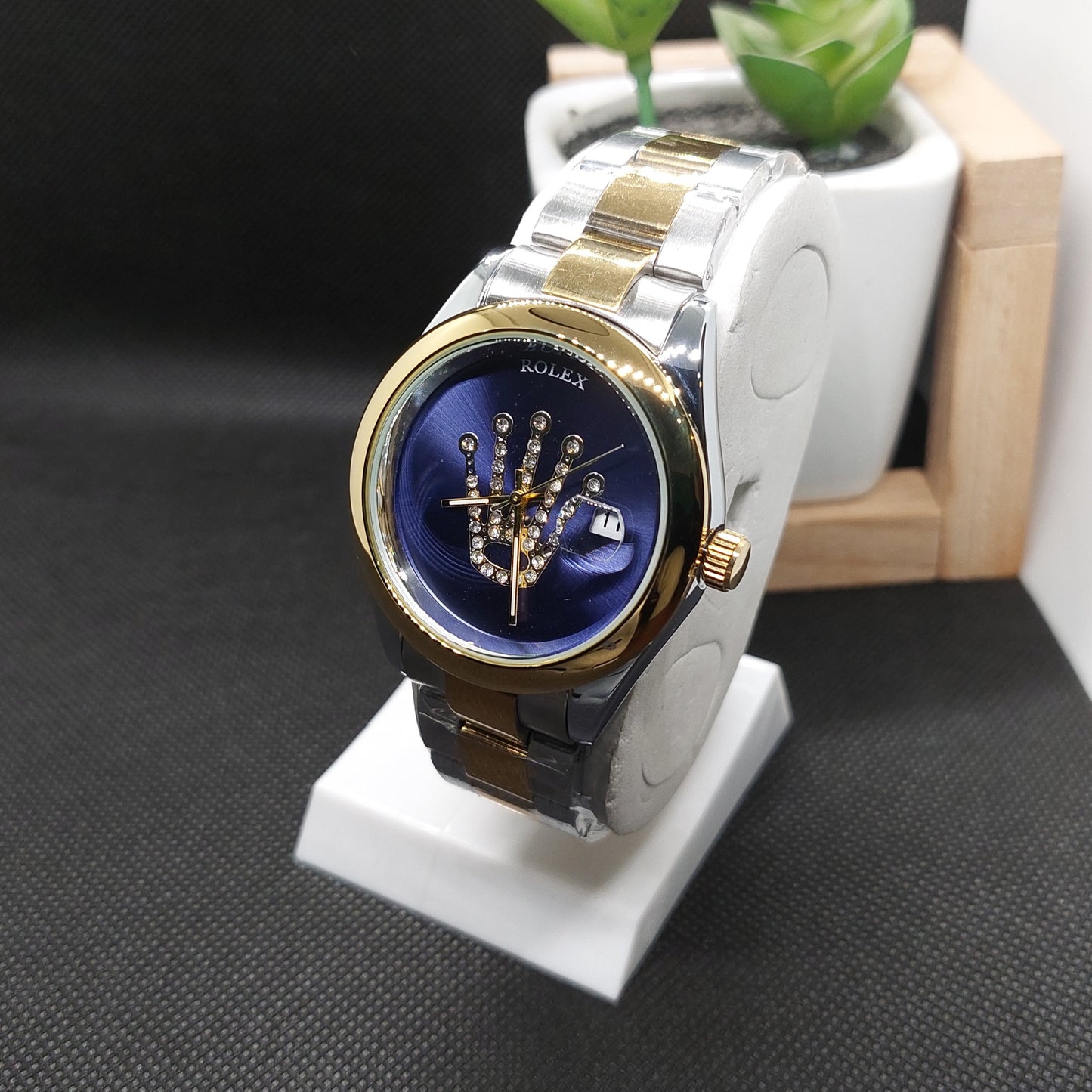 Rolex Crown Date - Two Tone Silver & Gold Chain - Gold Case & Blue Dial - Rolex Stone Logo - Saturn Watches