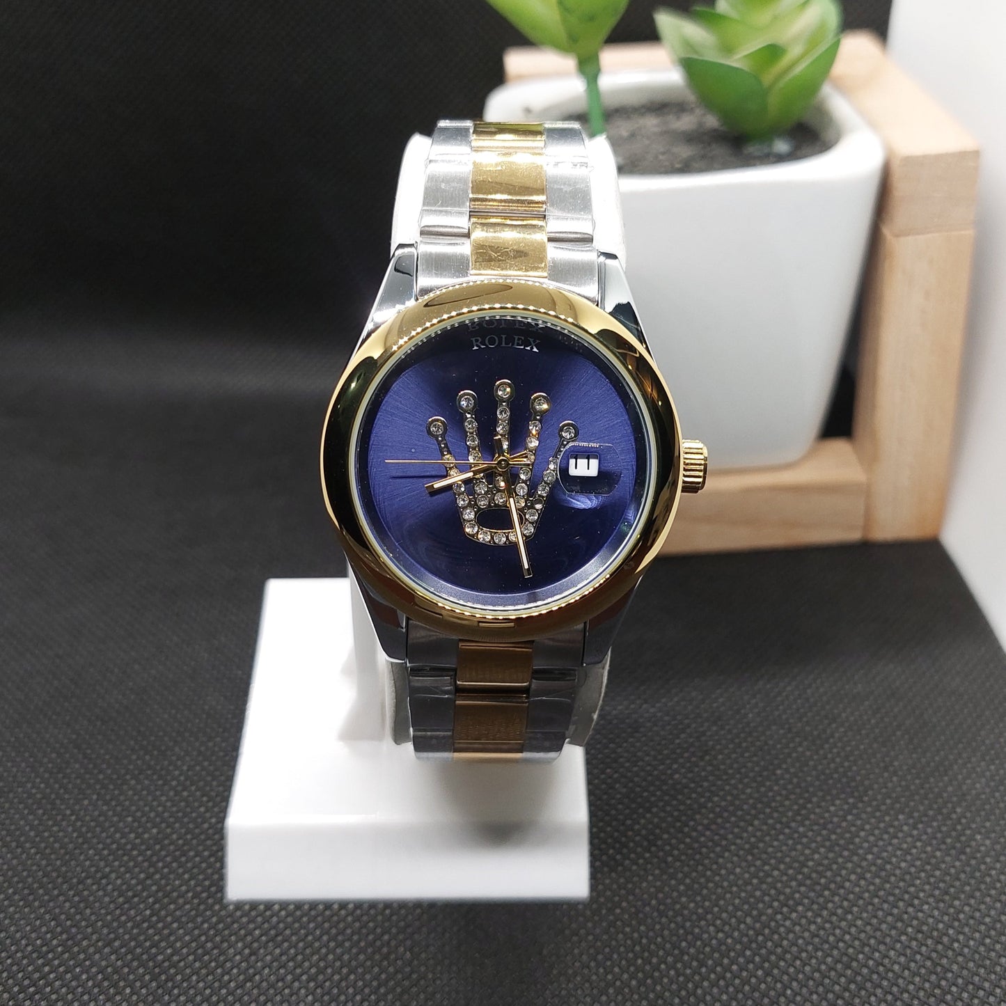 Rolex Crown Date - Two Tone Silver & Gold Chain - Gold Case & Blue Dial - Rolex Stone Logo - Saturn Watches