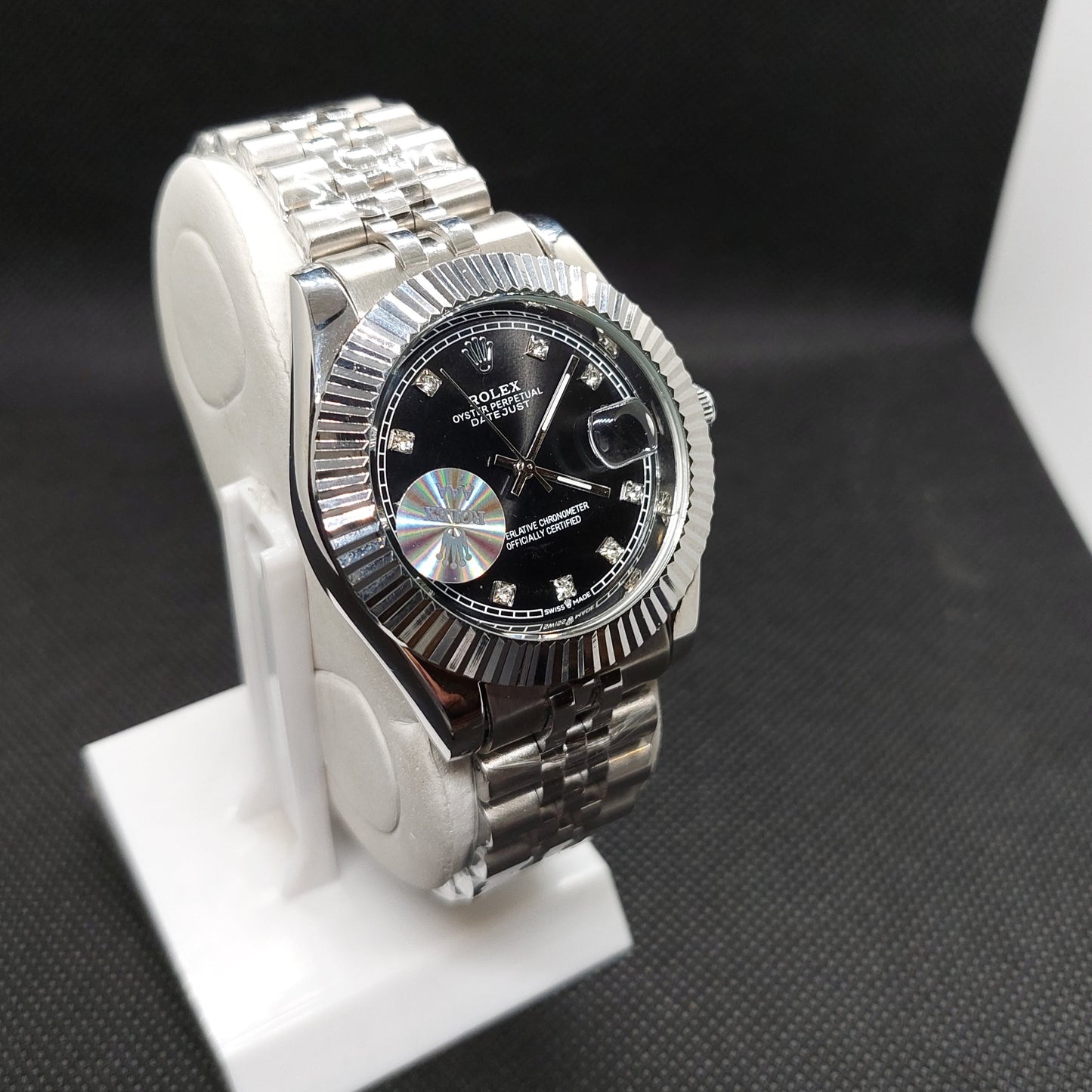 Rolex Date Oyster Perpetual - Silver Chain - Cut Silver Case & Black Dial - Saturn Watches