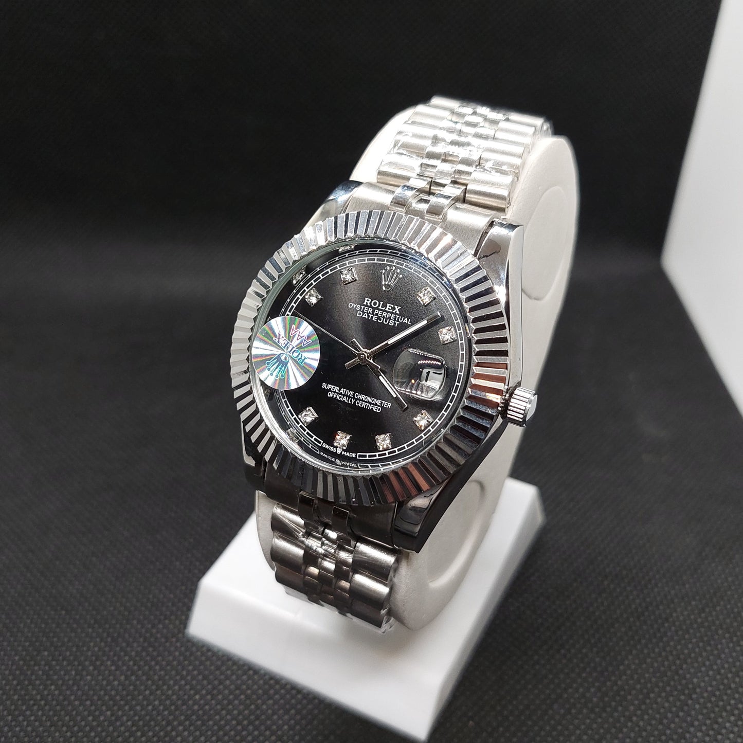 Rolex Date Oyster Perpetual - Silver Chain - Cut Silver Case & Black Dial - Saturn Watches