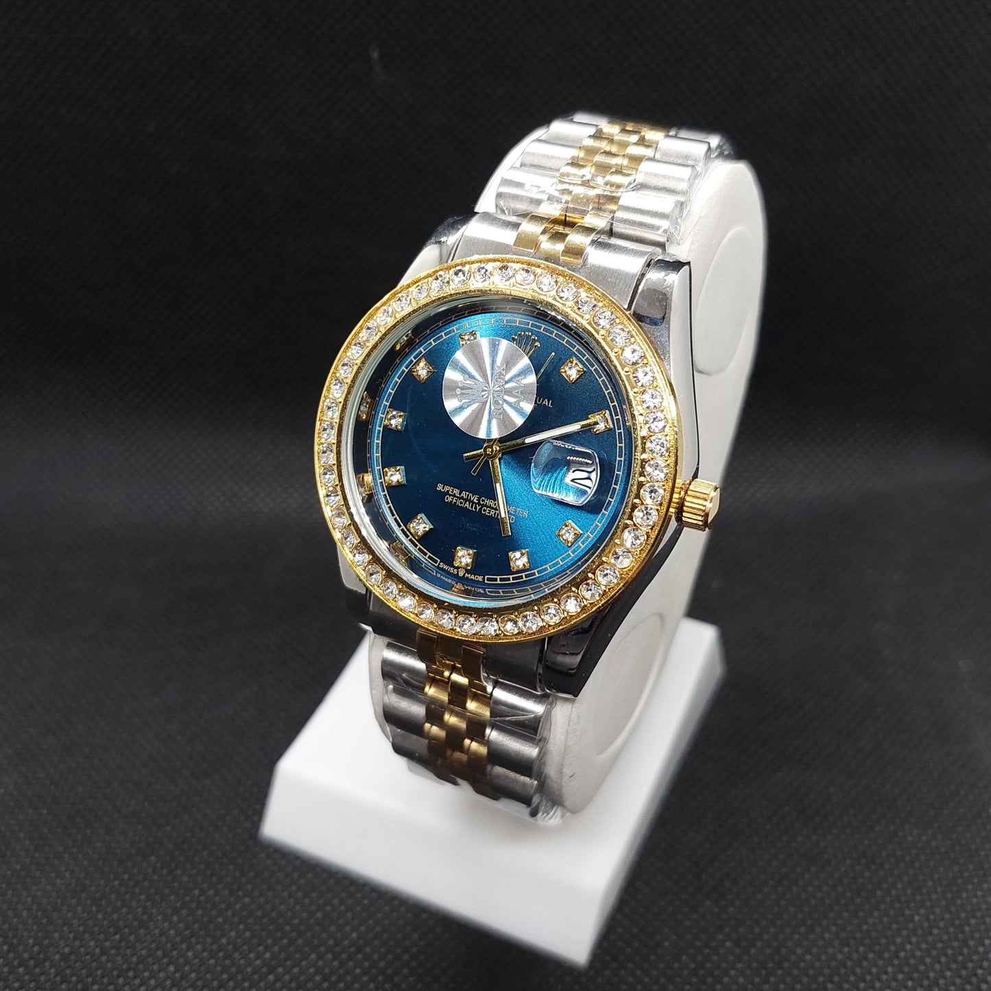 Rolex Date Oyster Perpetual - Two Tone Silver & Gold Chain - Gold Stoned Case & Blue Dial - Saturn Watches