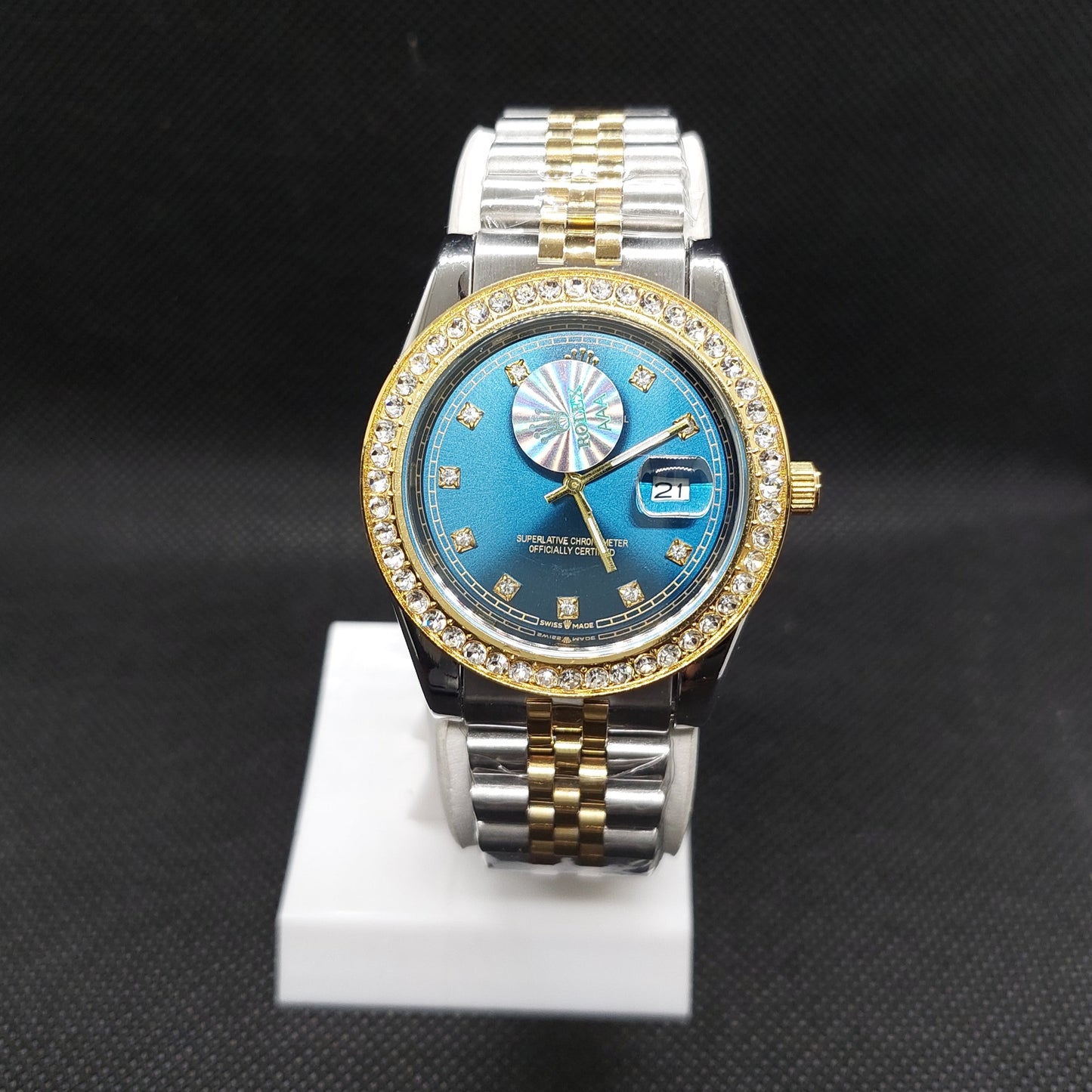 Rolex Date Oyster Perpetual - Two Tone Silver & Gold Chain - Gold Stoned Case & Blue Dial - Saturn Watches