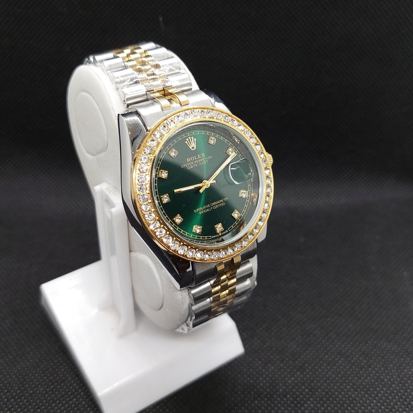 Rolex Date Oyster Perpetual - Two Tone Silver & Gold Chain - Gold Stoned Case & Green Dial - Saturn Watches