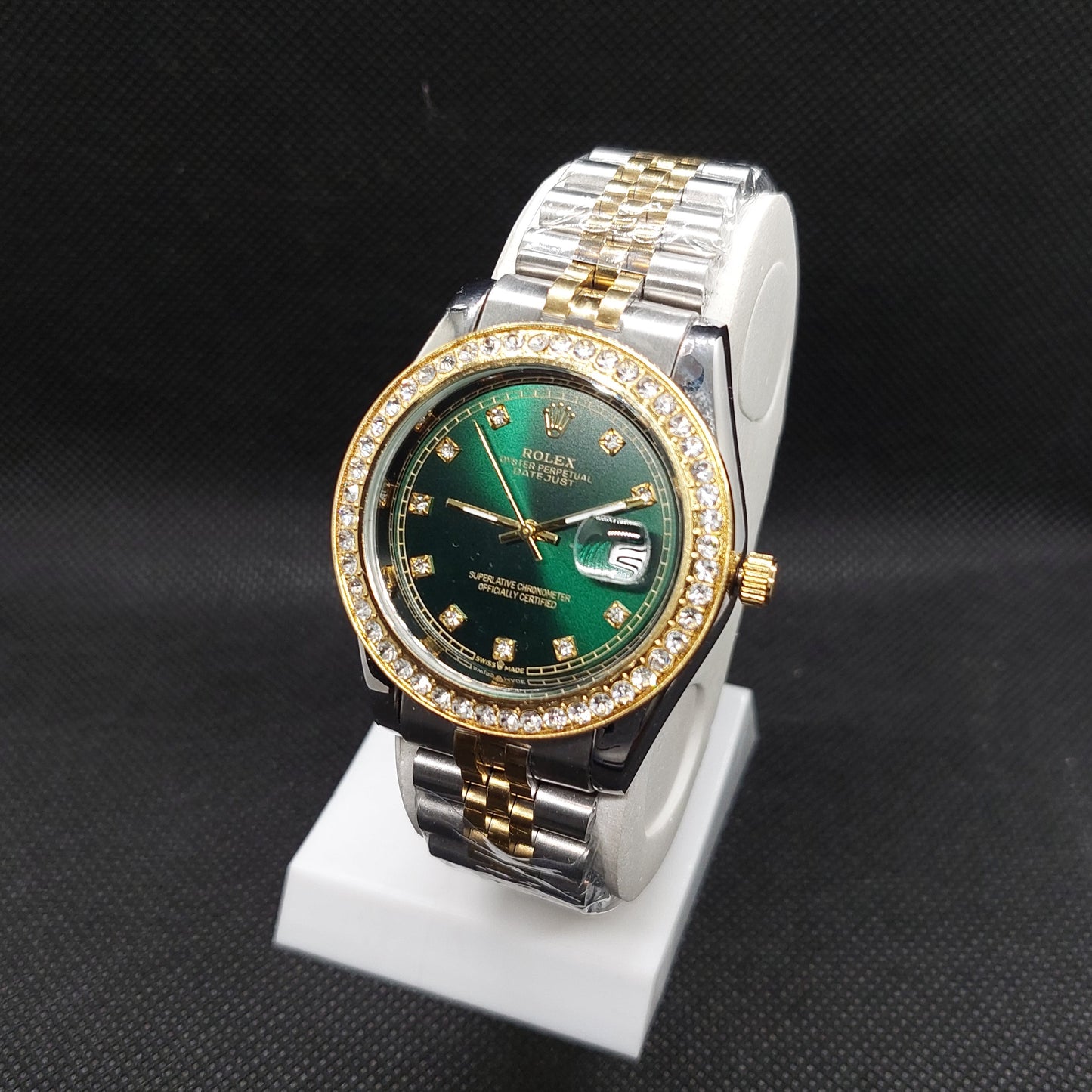 Rolex Date Oyster Perpetual - Two Tone Silver & Gold Chain - Gold Stoned Case & Green Dial - Saturn Watches