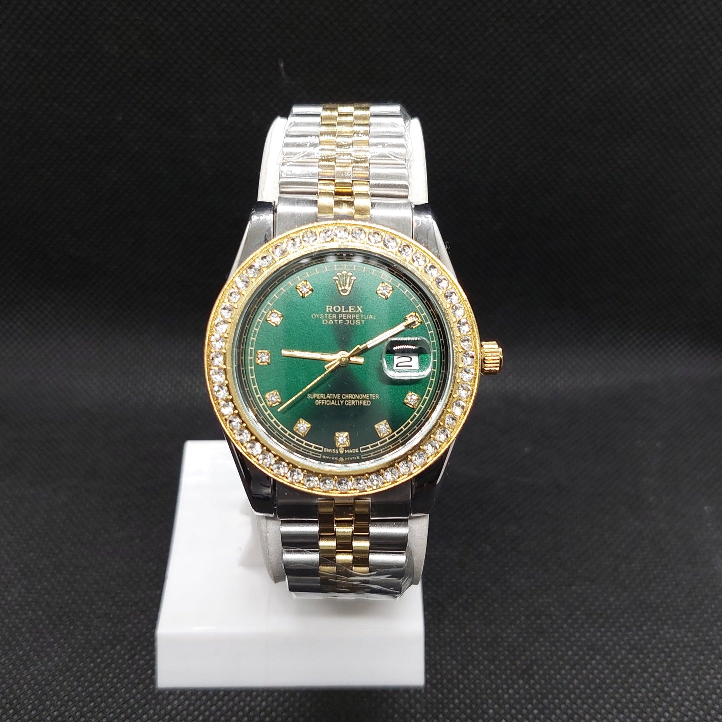 Rolex Date Oyster Perpetual - Two Tone Silver & Gold Chain - Gold Stoned Case & Green Dial - Saturn Watches