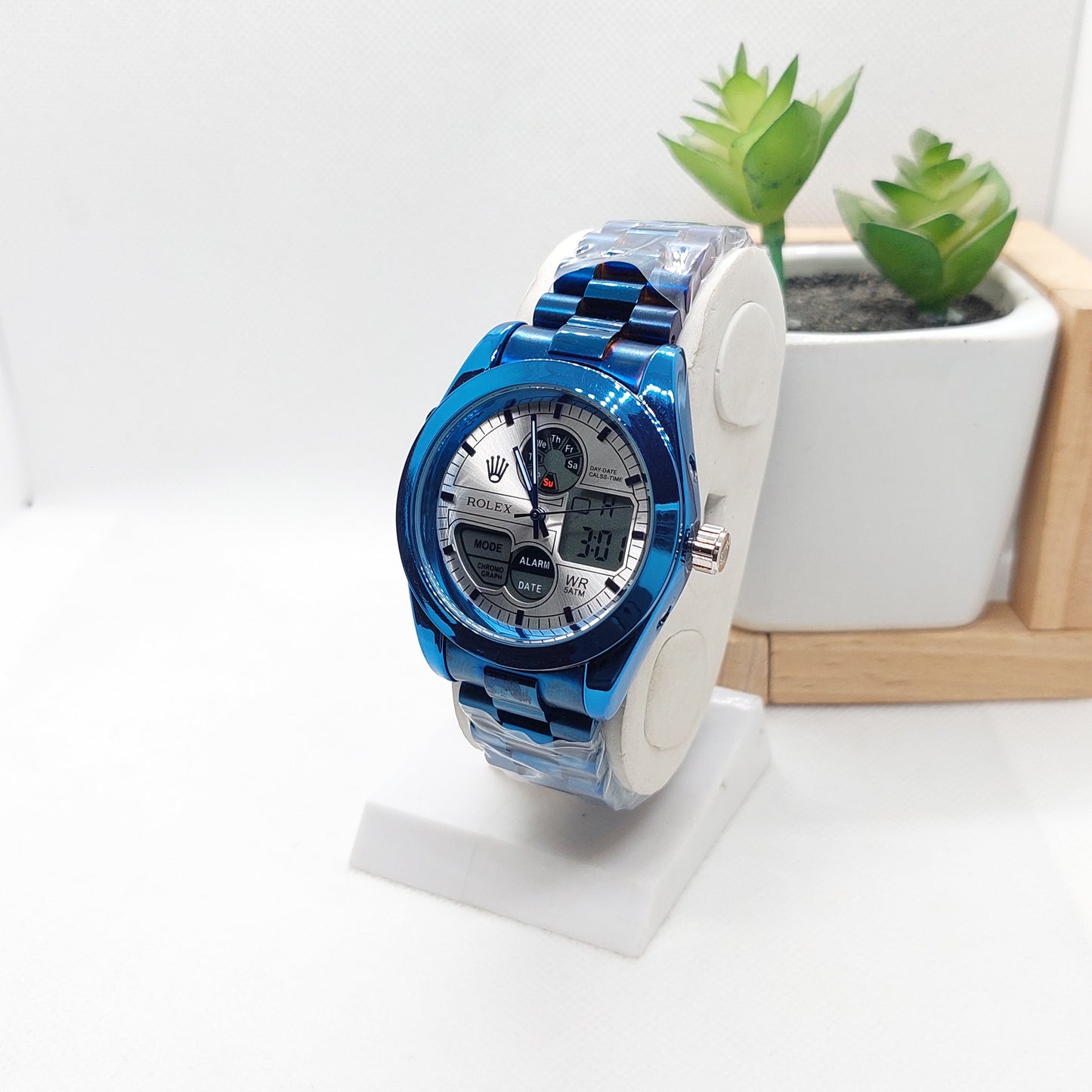 Rolex Dual Dial- Blue Chain with Silver Dial
