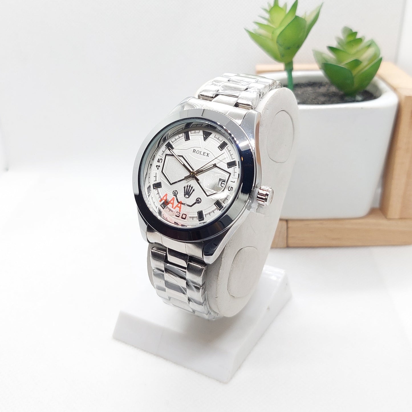 Rolex-Date-White Dial With Silver Chain