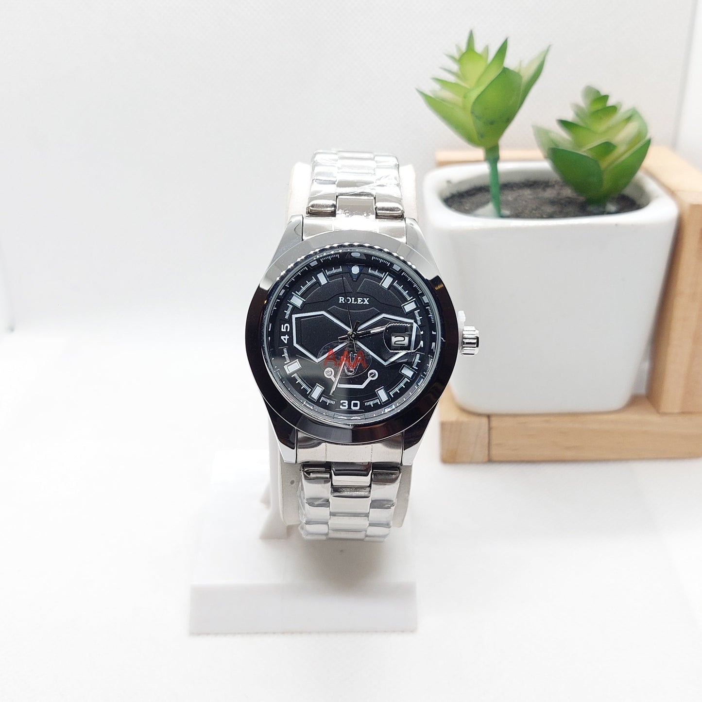 Rolex-Date-Black Dial With Silver Chain