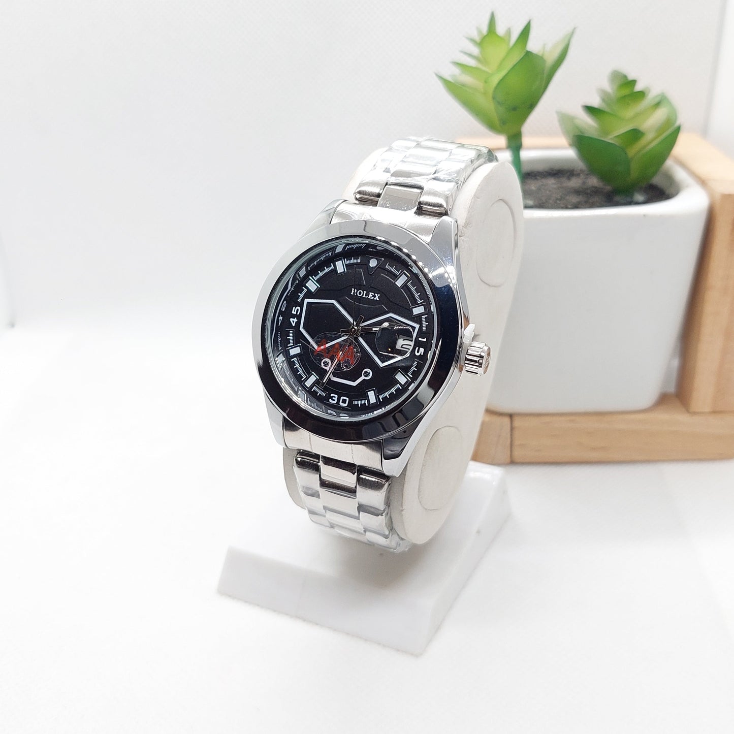 Rolex-Date-Black Dial With Silver Chain