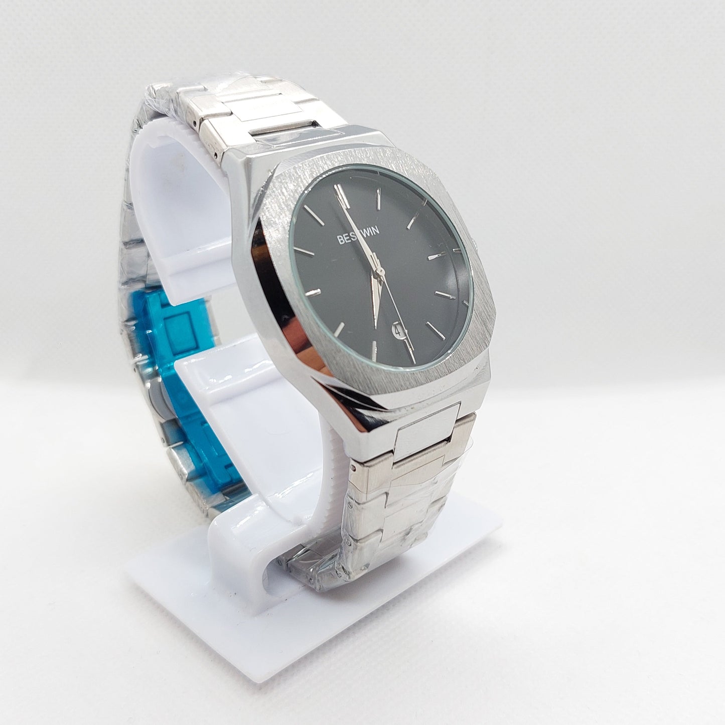 Bestwin 983 - 813 Silver Chain & Case with Black Dial - Saturn Watches