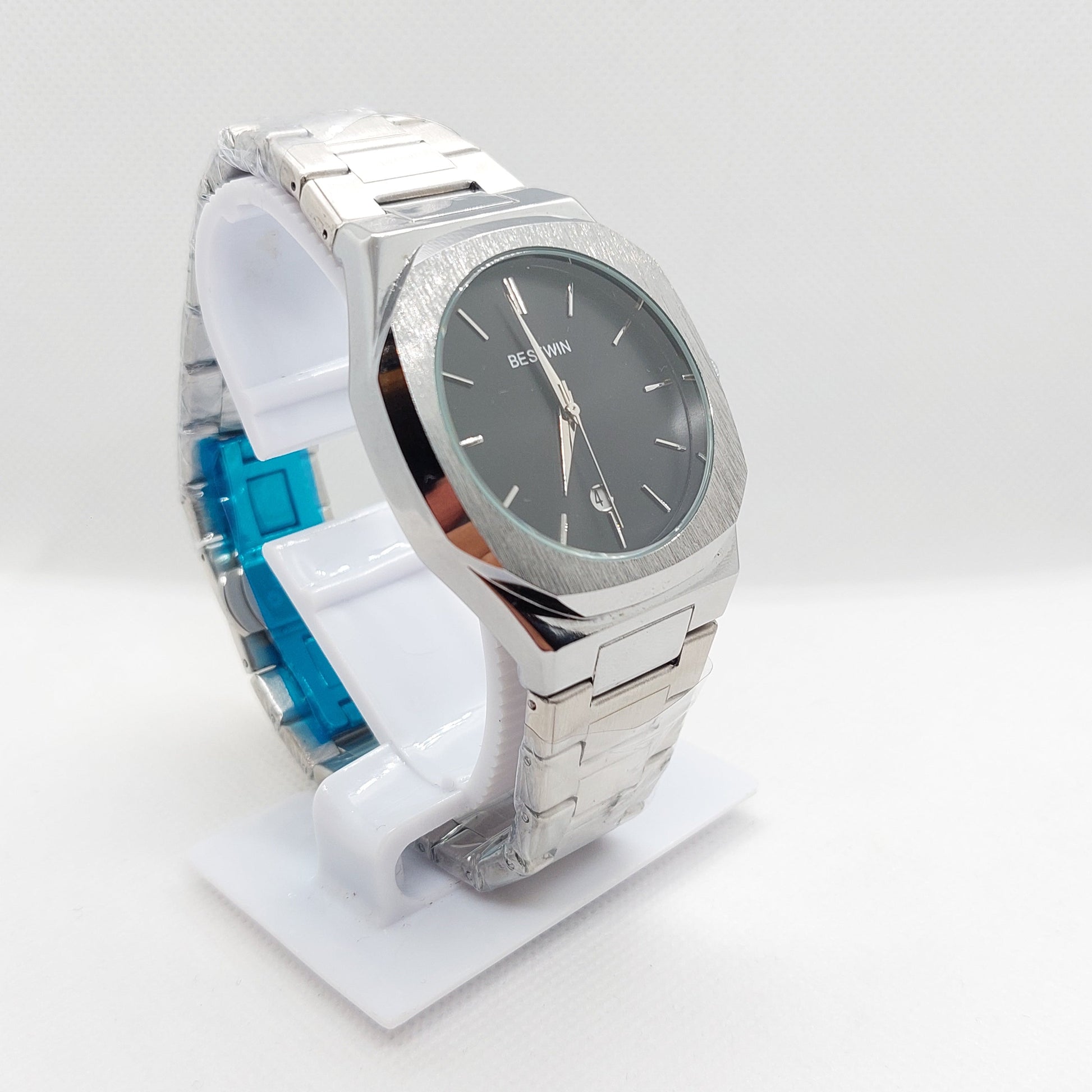 Bestwin 983 - 813 Silver Chain & Case with Black Dial - Saturn Watches