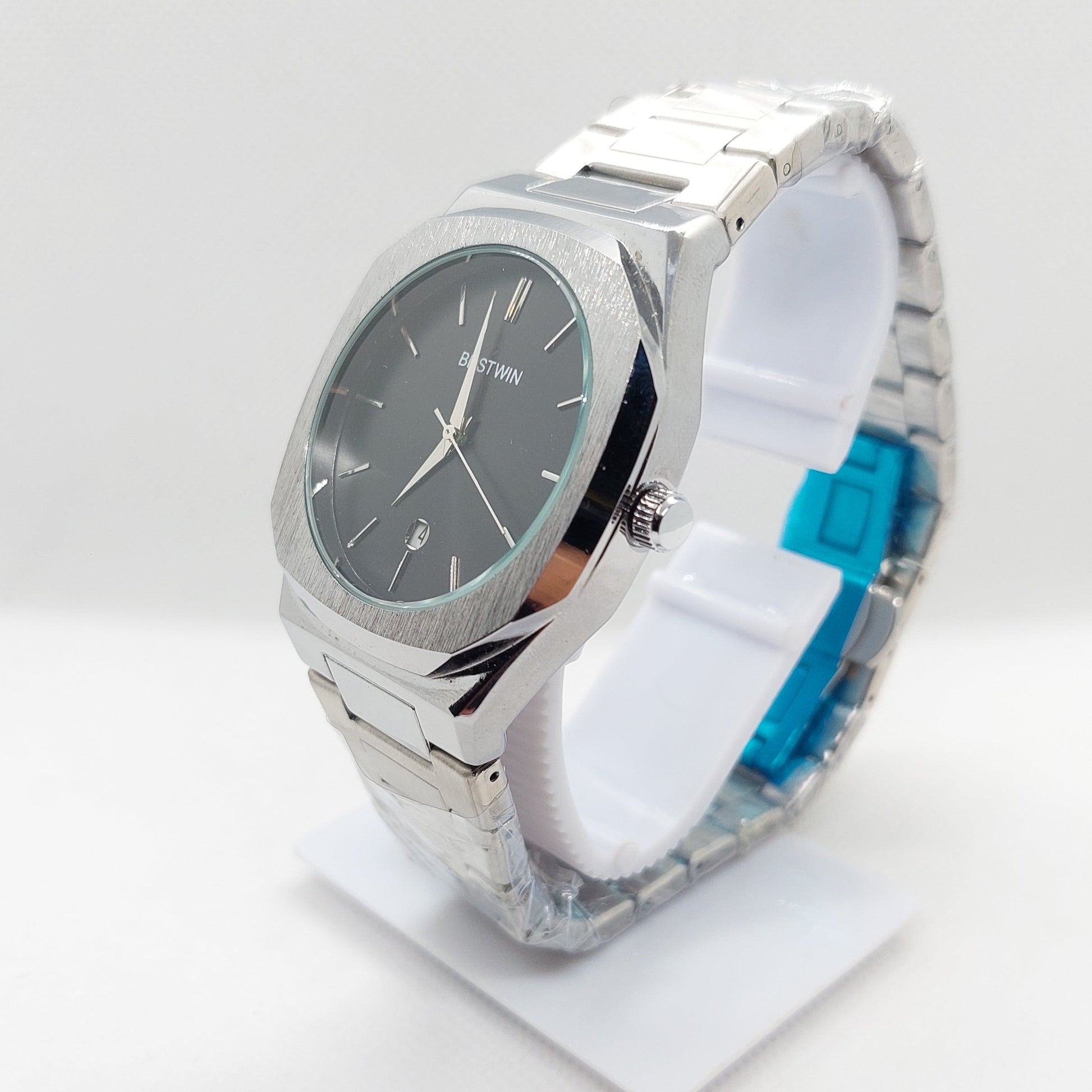 Bestwin 983 - 813 Silver Chain & Case with Black Dial - Saturn Watches