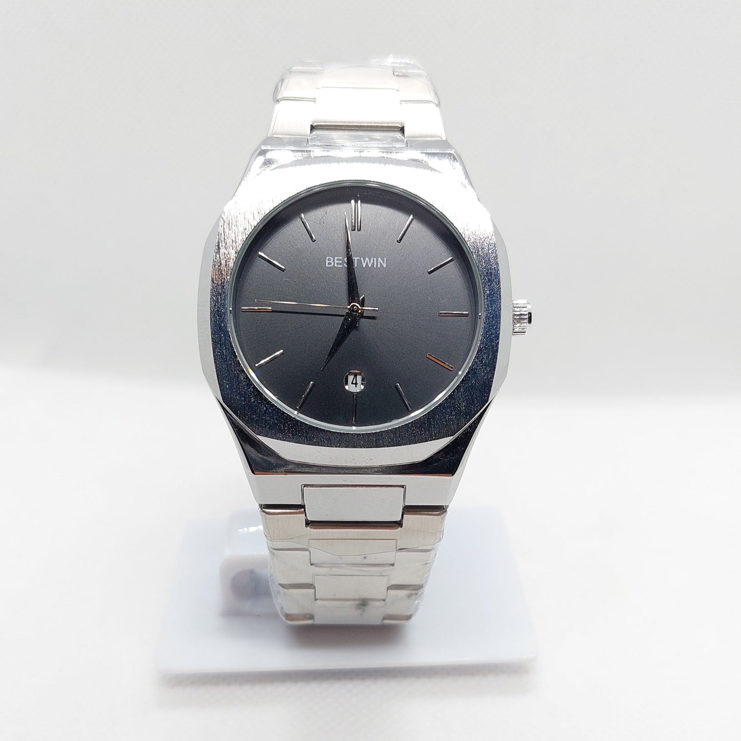 Bestwin 983 - 813 Silver Chain & Case with Black Dial - Saturn Watches