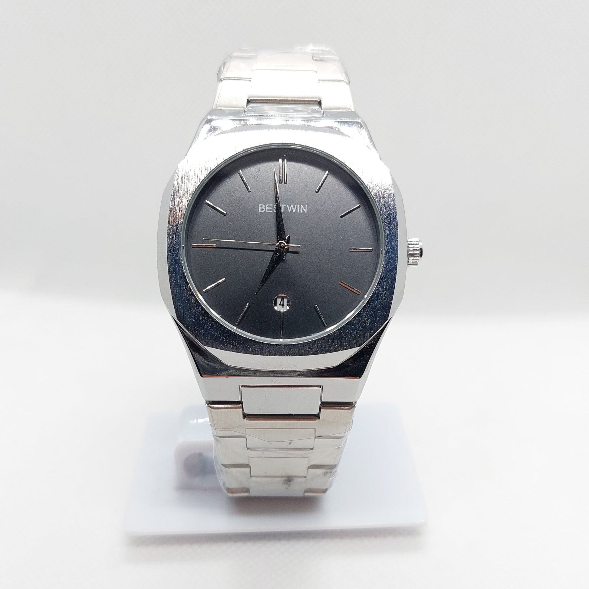 Bestwin 983 - 813 Silver Chain & Case with Black Dial - Saturn Watches