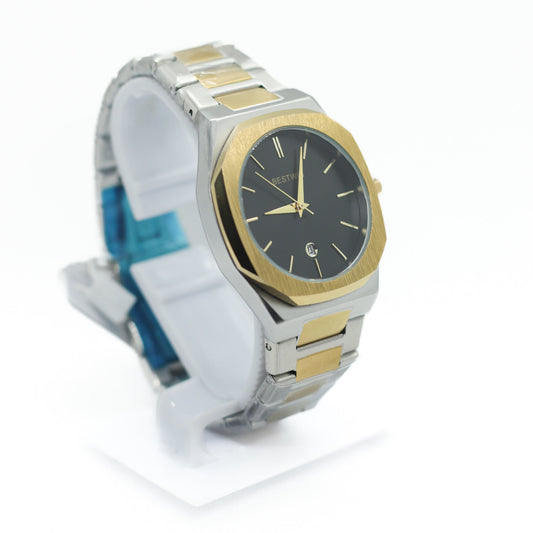 Bestwin 983 - 813 Two Tone Silver & Gold Chain -Gold Case & Black Dial - Saturn Watches