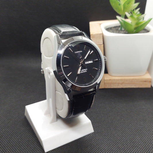 Carrera Tag Heuer Black Leather Strap - Silver Case & Black Dial - Saturn Watches