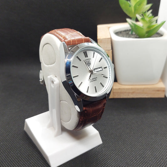 Carrera Tag Heuer Black Leather Strap - Silver Case & Silver Dial - Saturn Watches