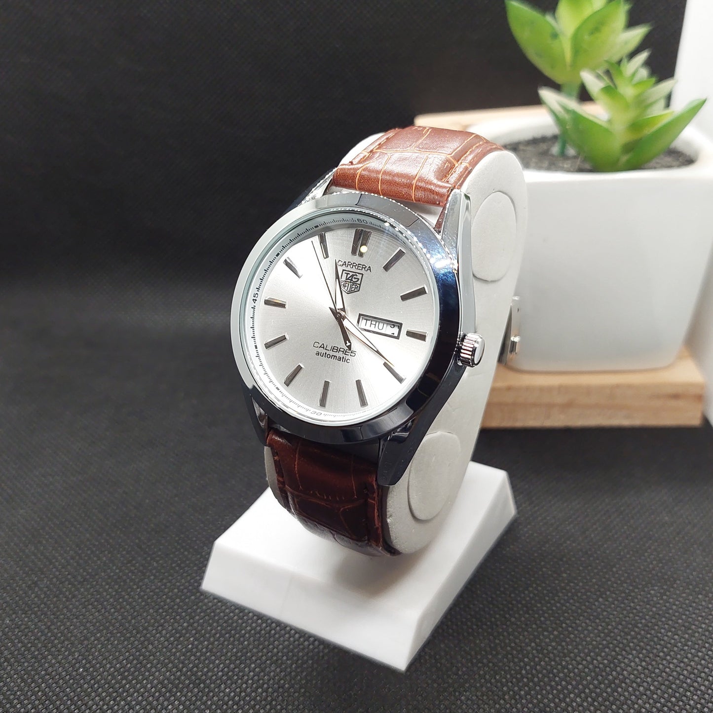 Carrera Tag Heuer Black Leather Strap - Silver Case & Silver Dial - Saturn Watches