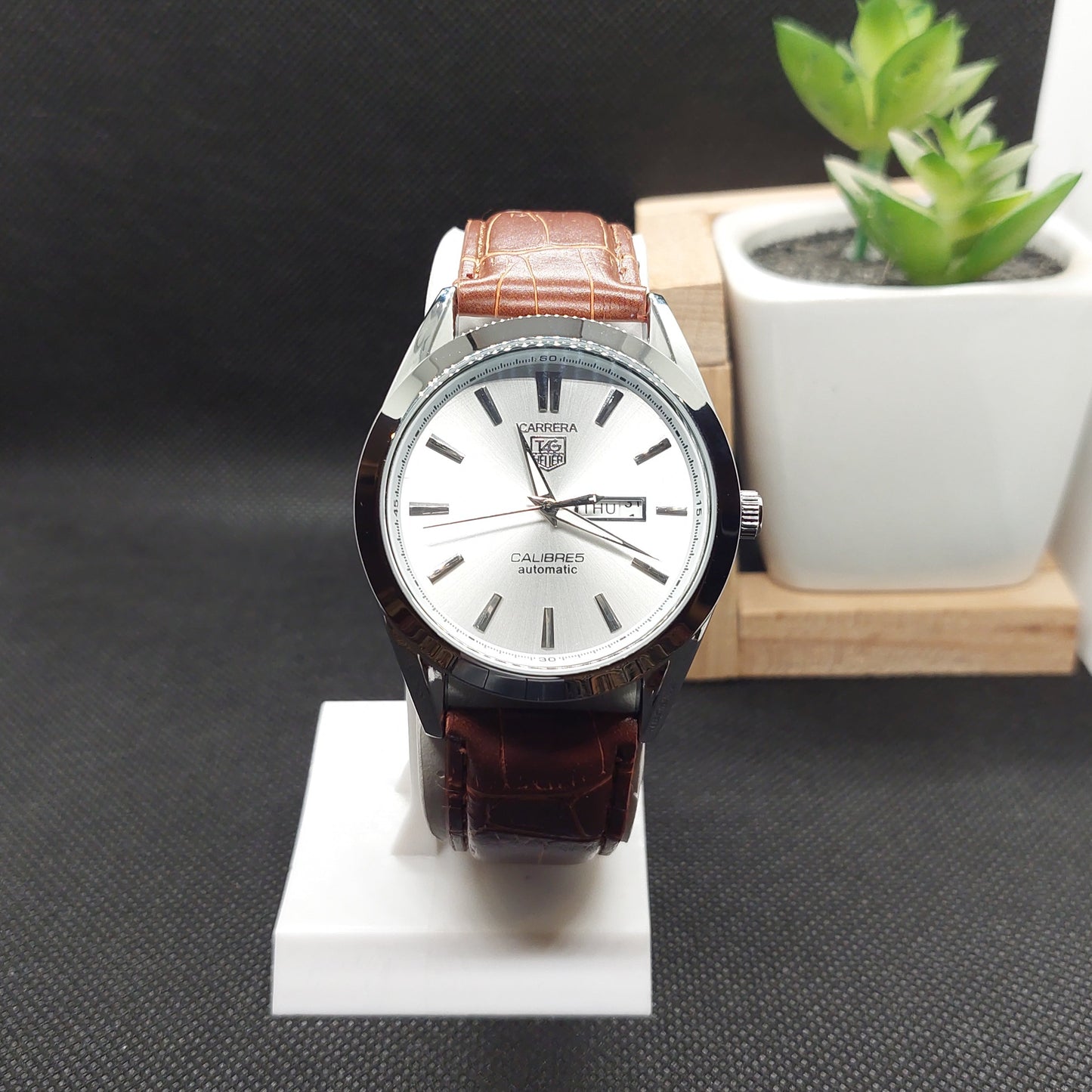 Carrera Tag Heuer Black Leather Strap - Silver Case & Silver Dial - Saturn Watches