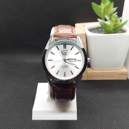 Carrera Tag Heuer Black Leather Strap - Silver Case & Silver Dial - Saturn Watches