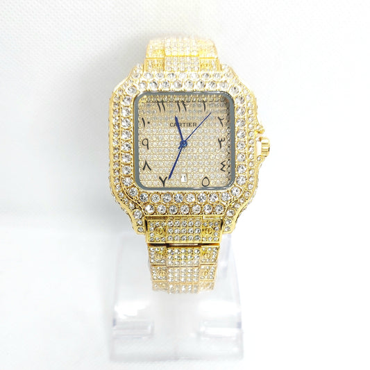 Cartier Iced Rectangular Dial Stone Unisex Wristwatch -Gold - Diamond - Arabic Dial - Saturn Watches