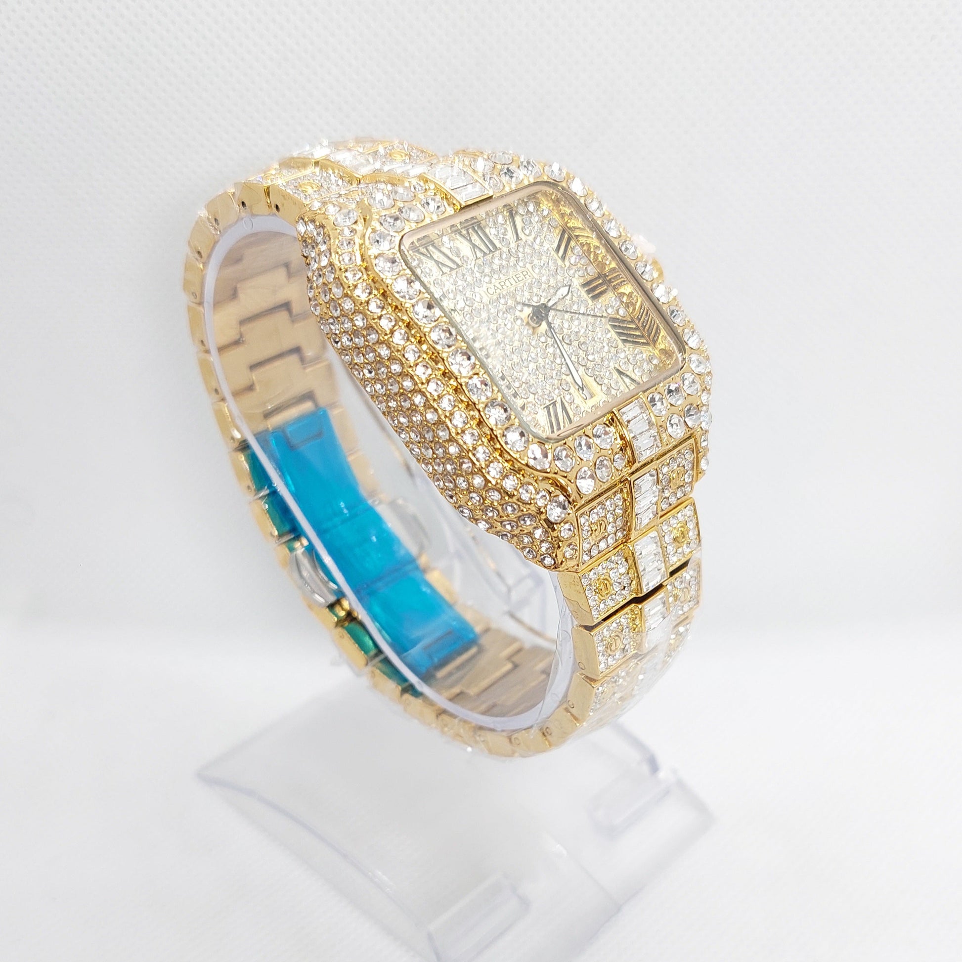 Cartier Iced Rectangular Dial Stone Unisex Wristwatch -Gold - Diamond - Saturn Watches