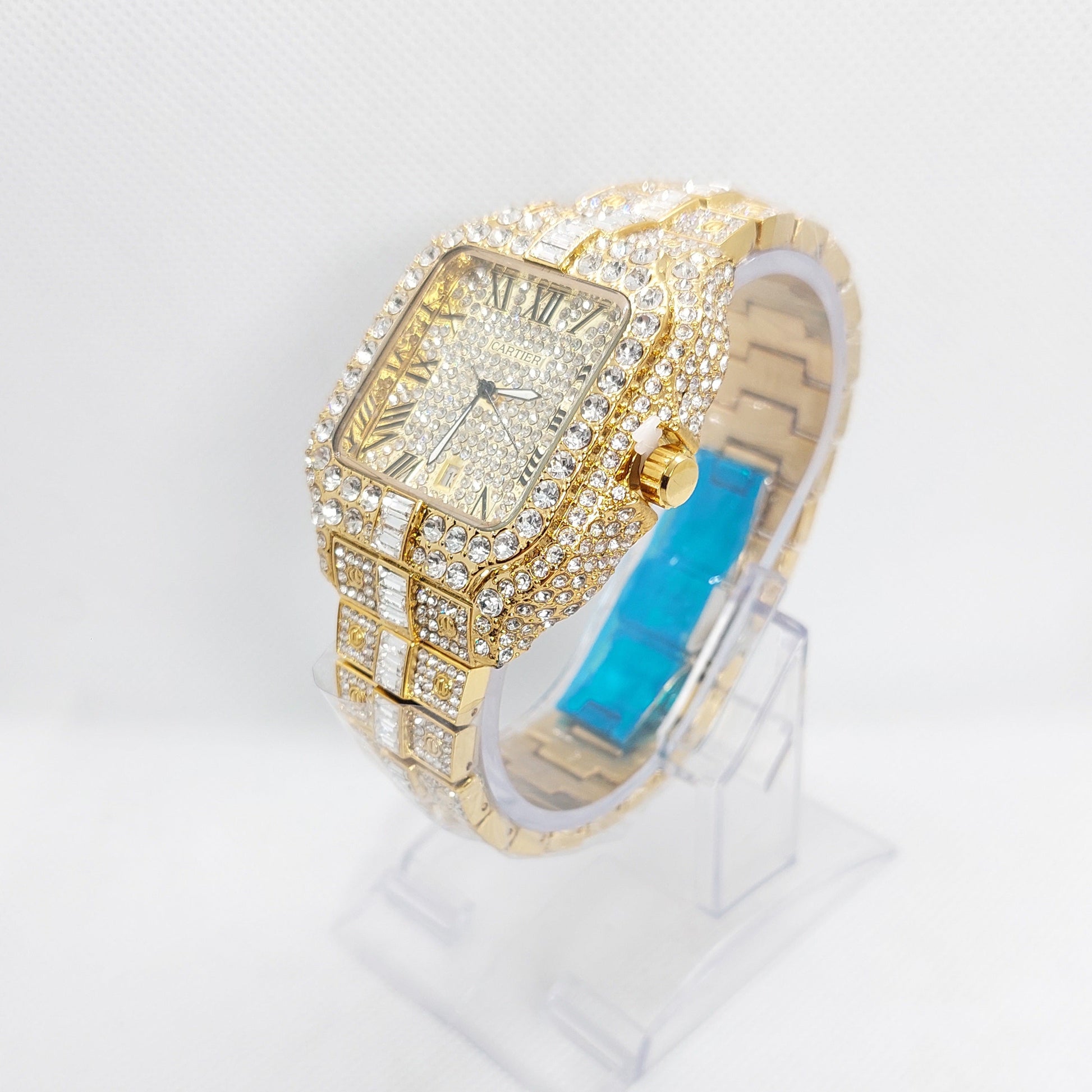 Cartier Iced Rectangular Dial Stone Unisex Wristwatch -Gold - Diamond - Saturn Watches