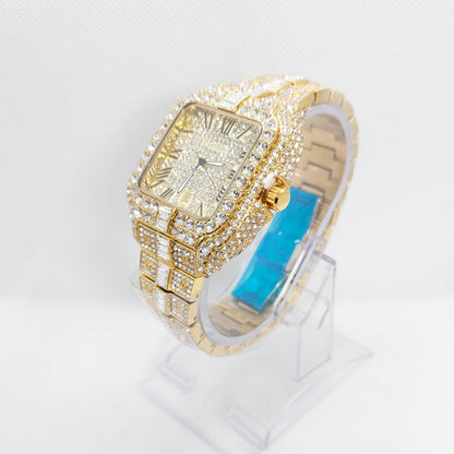 Cartier Iced Rectangular Dial Stone Unisex Wristwatch -Gold - Diamond - Saturn Watches