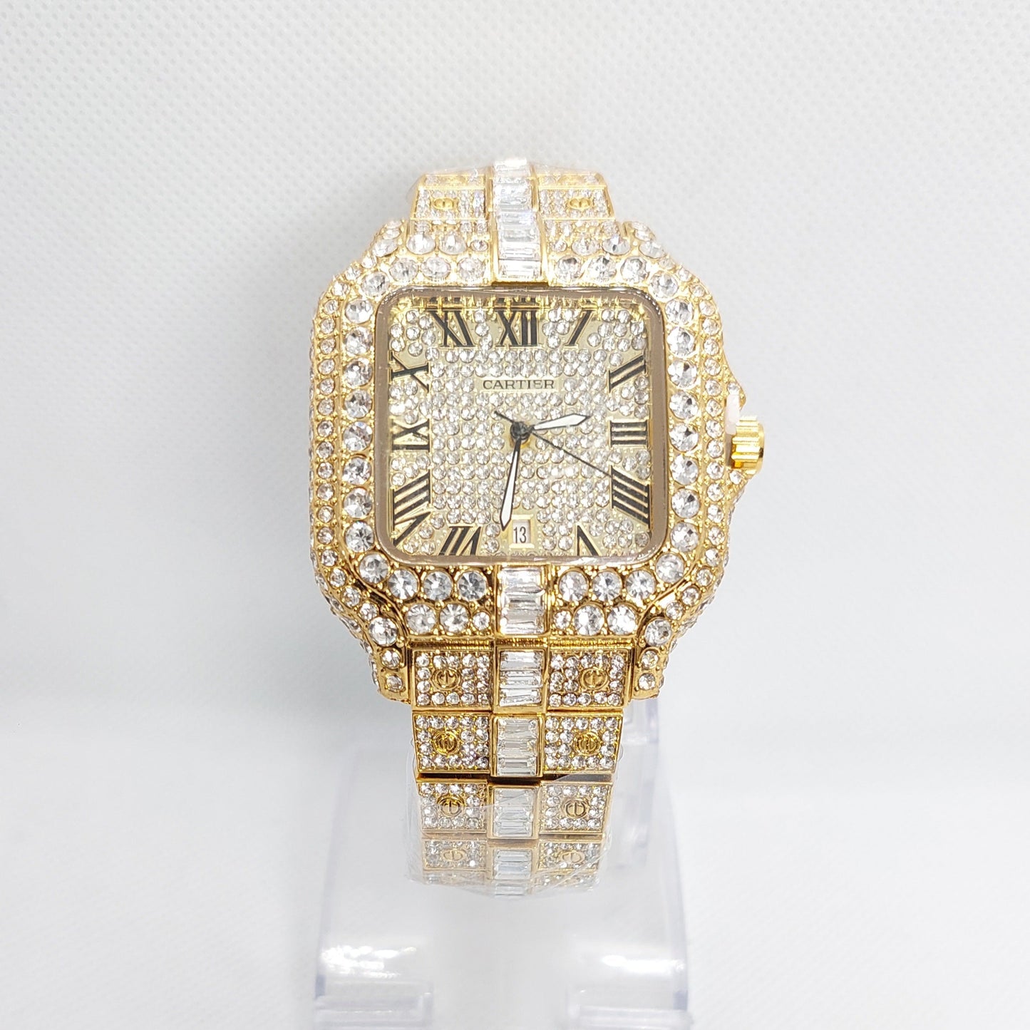 Cartier Iced Rectangular Dial Stone Unisex Wristwatch -Gold - Diamond - Saturn Watches