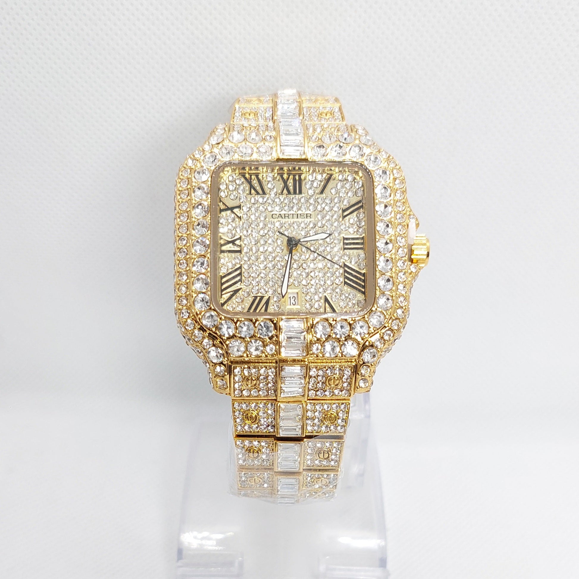 Cartier Iced Rectangular Dial Stone Unisex Wristwatch -Gold - Diamond - Saturn Watches