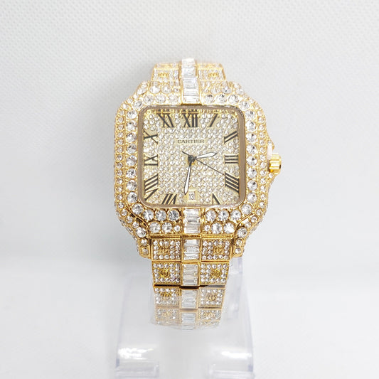 Cartier Iced Rectangular Dial Stone Unisex Wristwatch -Gold - Diamond - Saturn Watches