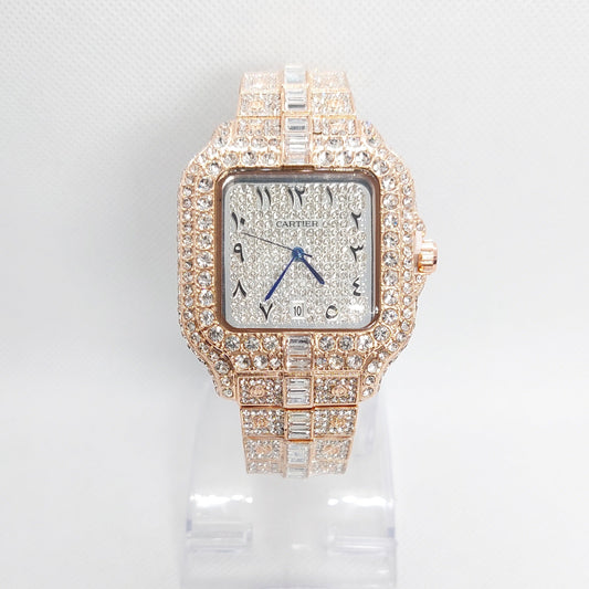 Cartier Iced Rectangular Dial Stone Unisex Wristwatch - Rose Gold - Diamond - Arabic Dial - Saturn Watches