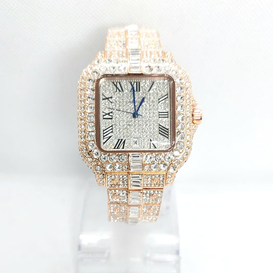 Cartier Iced Rectangular Dial Stone Unisex Wristwatch - Rose Gold - Diamond - Saturn Watches