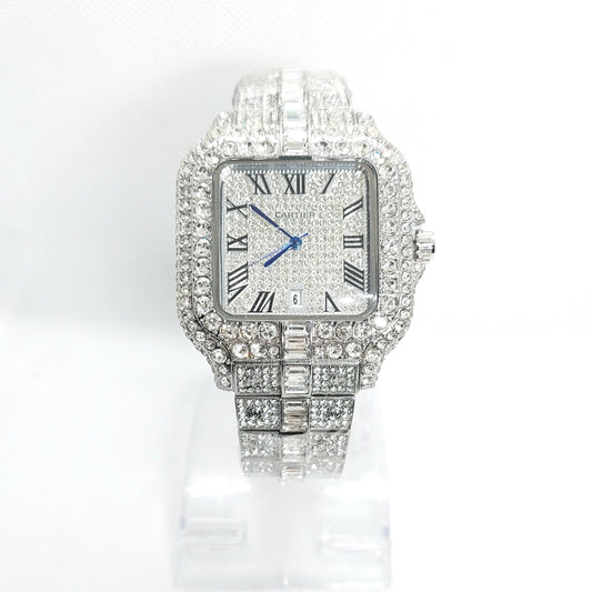 Cartier Iced Rectangular Dial Stone Unisex Wristwatch - White - Diamond - Saturn Watches