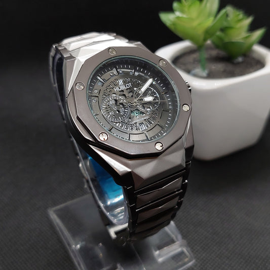 Hublot Diamond Two Tone Silver & Dark Gray Chain - Dark Gray Case & Black Dial 2 - Saturn Watches