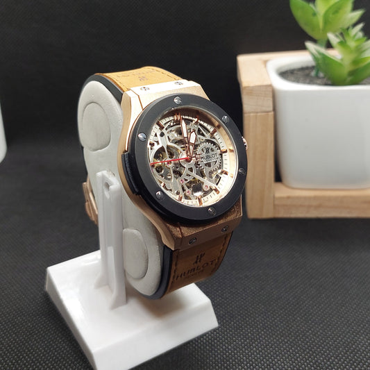 Hublot Geneve Automatic Skeleton Brown Leather Strap - Silver Case & Gold Dial - Saturn Watches