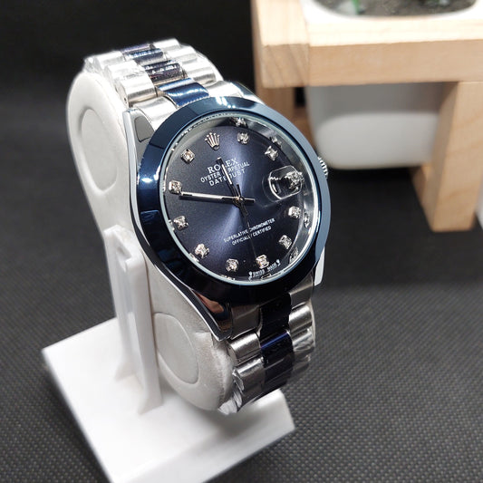 Rolex-Date just-Oyster Perpetual-Two Tone (Silver-Blue) Chain with Blue Dial - Saturn Watches