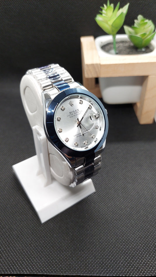 Rolex-Date just-Oyster Perpetual-Two Tone (Silver-Blue) Chain with Silver Dial - Saturn Watches