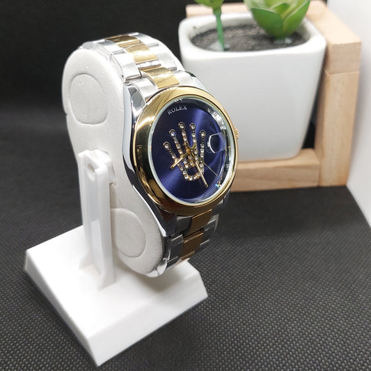 Rolex Crown Date - Two Tone Silver & Gold Chain - Gold Case & Blue Dial - Rolex Stone Logo - Saturn Watches