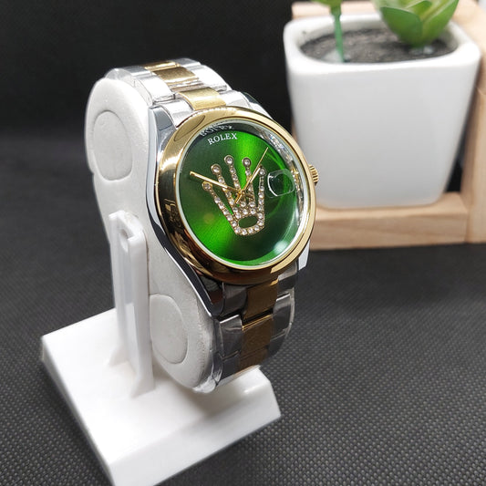 Rolex Crown Date - Two Tone Silver & Gold Chain - Gold Case & Green Dial - Rolex Stone Logo - Saturn Watches