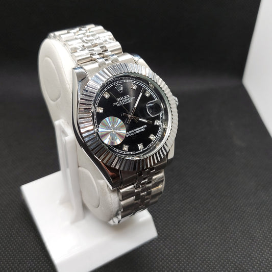 Rolex Date Oyster Perpetual - Silver Chain  - Cut Silver Case & Black Dial - Saturn Watches