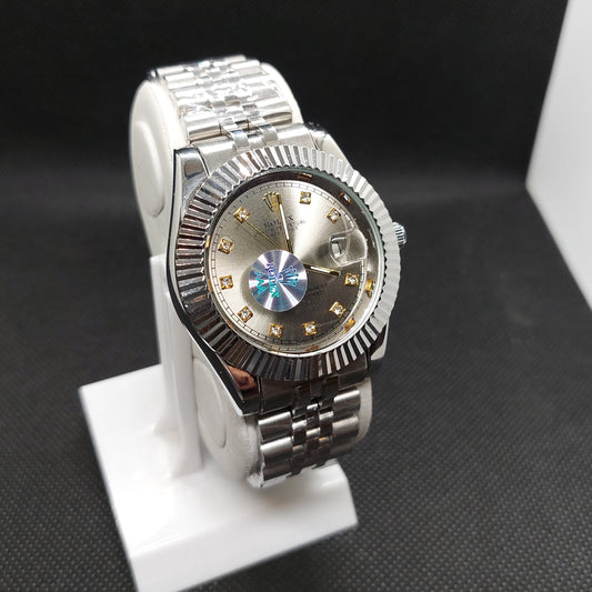 Rolex Date Oyster Perpetual - Silver Chain  - Cut Silver Case & Silver Dial - Saturn Watches