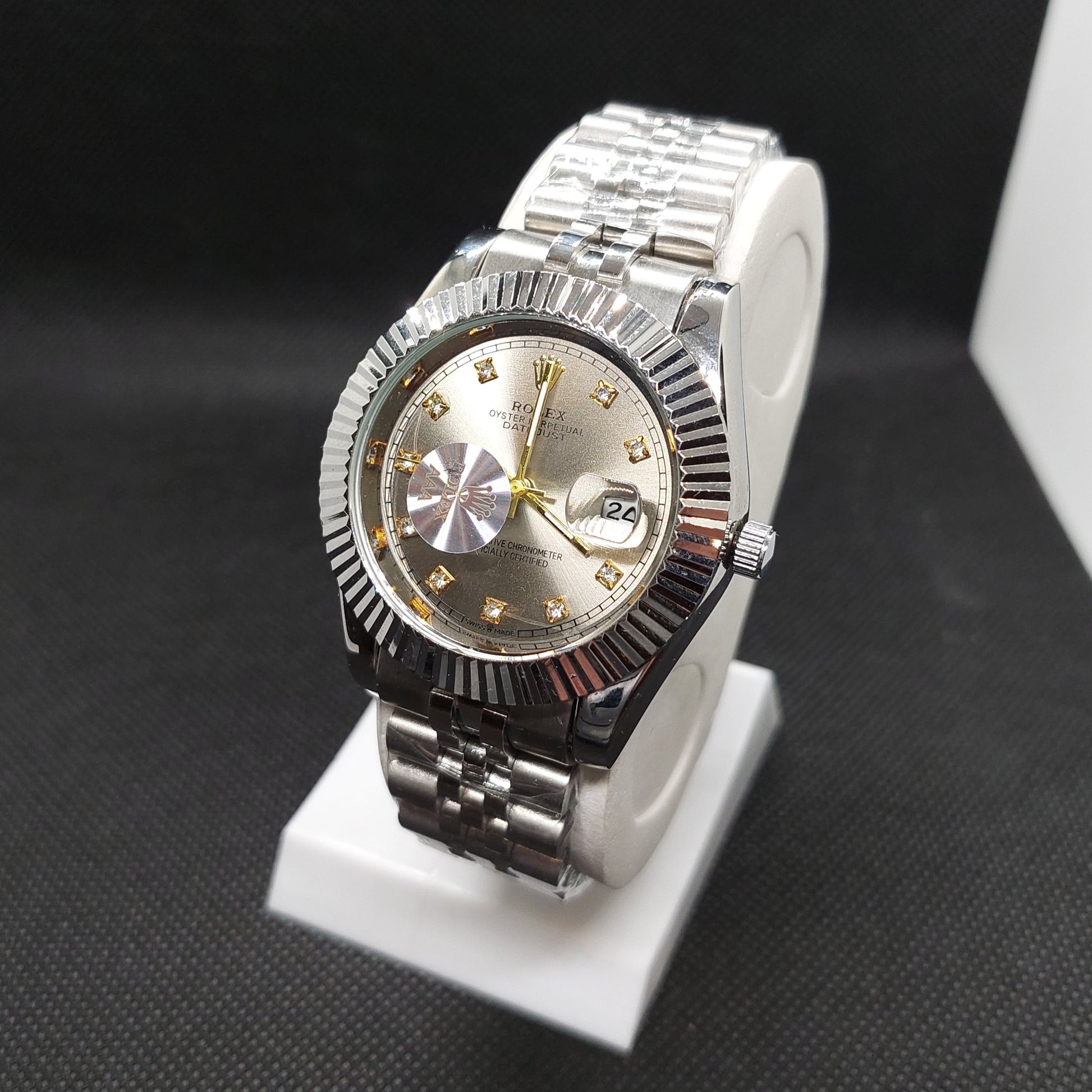 Rolex Date Oyster Perpetual - Silver Chain  - Cut Silver Case & Silver Dial - Saturn Watches