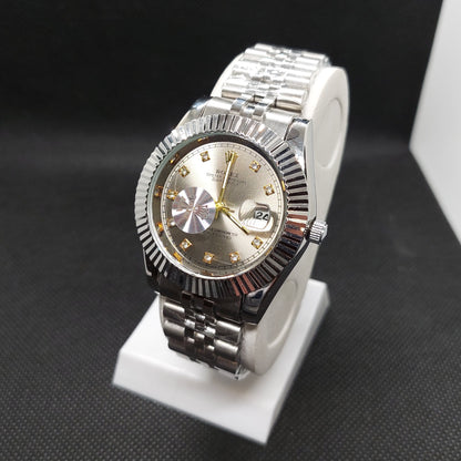 Rolex Date Oyster Perpetual - Silver Chain  - Cut Silver Case & Silver Dial - Saturn Watches