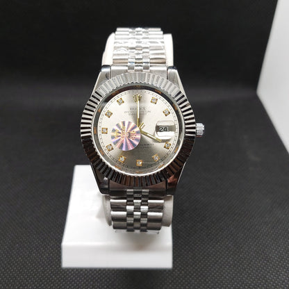 Rolex Date Oyster Perpetual - Silver Chain  - Cut Silver Case & Silver Dial - Saturn Watches