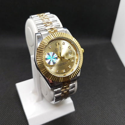 Rolex Date Oyster Perpetual - Silver & Gold Chain  - Cut Gold Case & Gold Dial - Saturn Watches