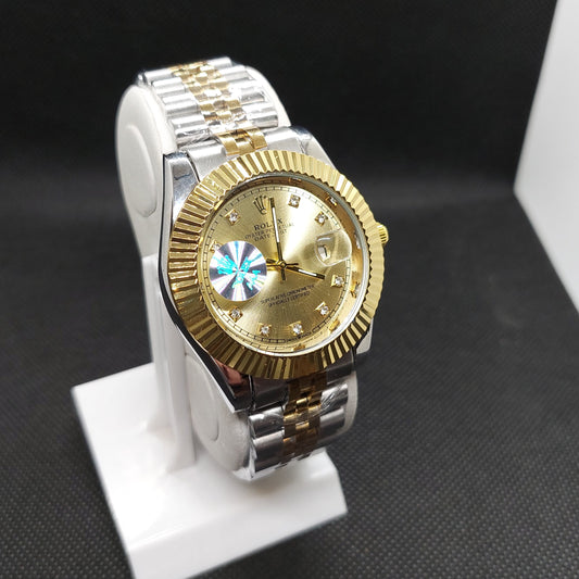 Rolex Date Oyster Perpetual - Silver & Gold Chain  - Cut Gold Case & Gold Dial - Saturn Watches
