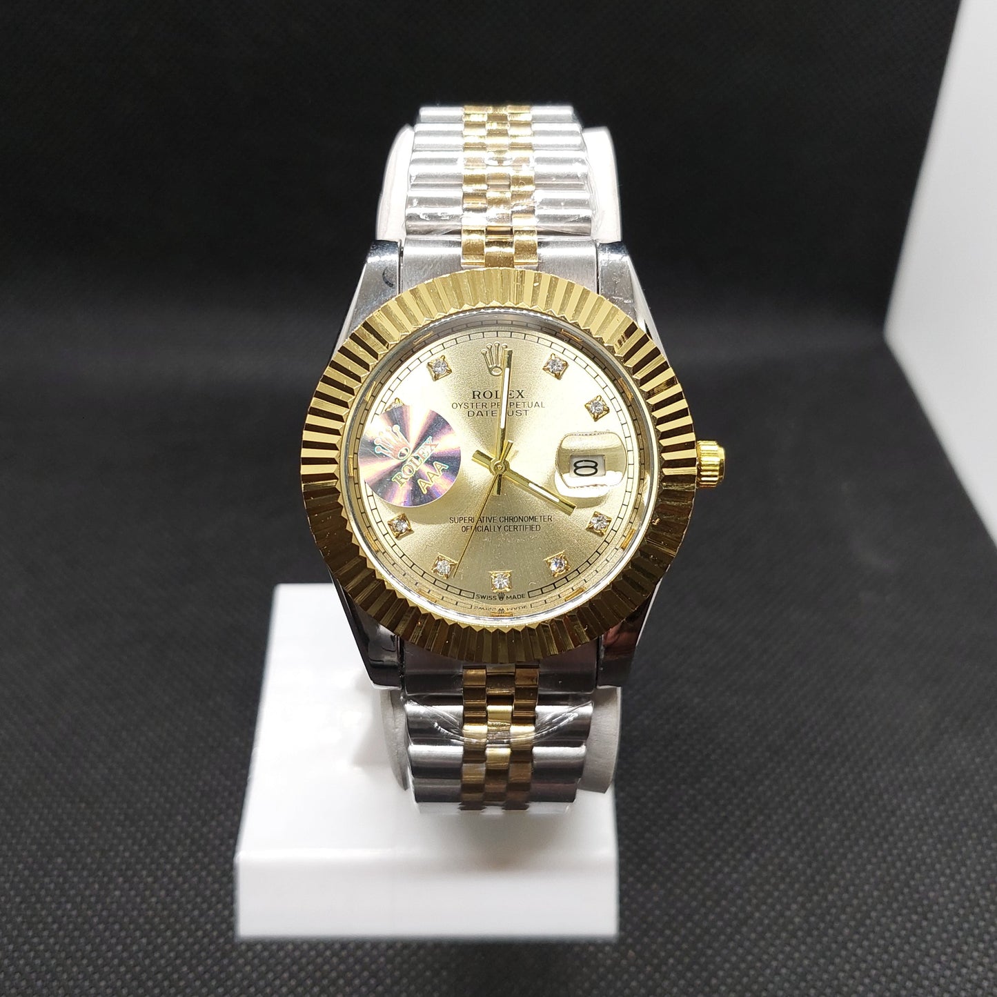 Rolex Date Oyster Perpetual - Silver & Gold Chain  - Cut Gold Case & Gold Dial - Saturn Watches