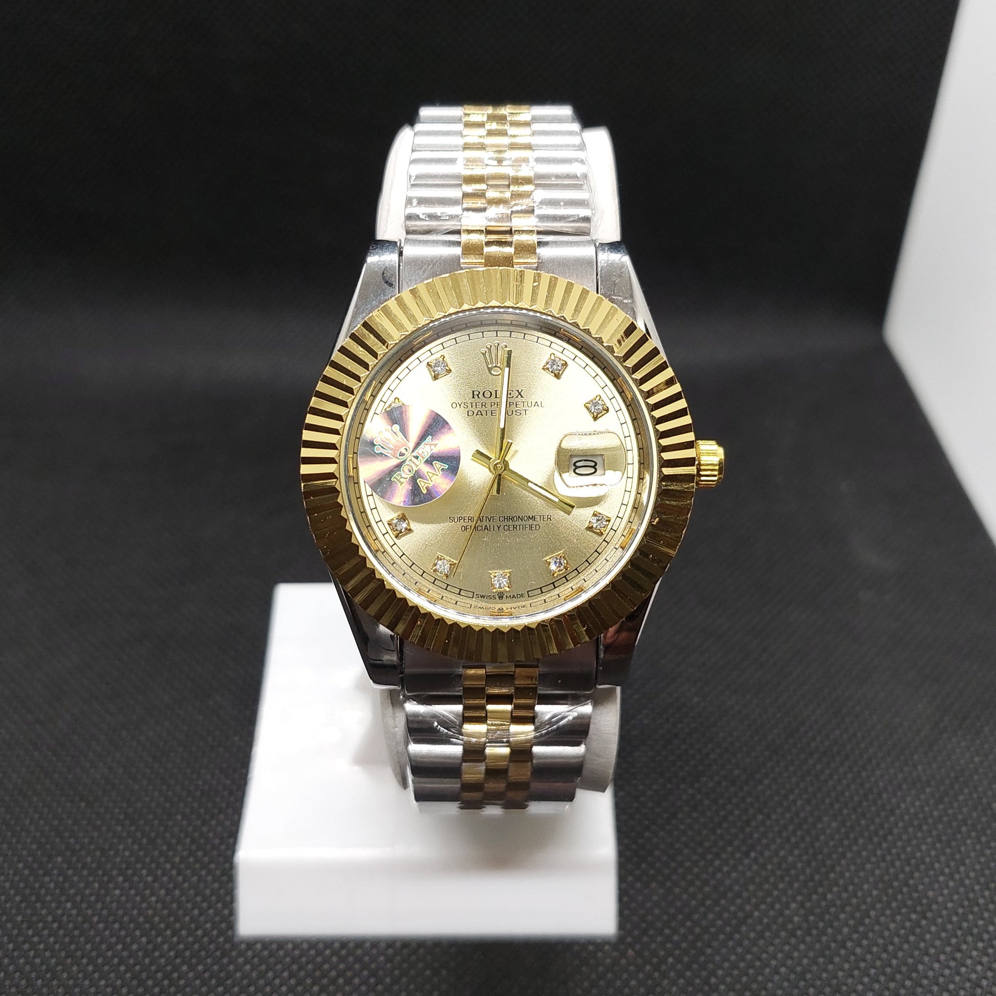 Rolex Date Oyster Perpetual - Silver & Gold Chain  - Cut Gold Case & Gold Dial - Saturn Watches