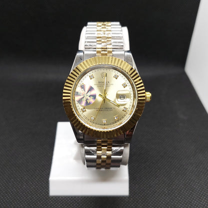 Rolex Date Oyster Perpetual - Silver & Gold Chain  - Cut Gold Case & Gold Dial - Saturn Watches
